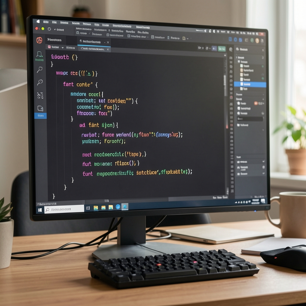 Код CSS с настройками шрифтов на экране монитора разработчика, подключение Google Fonts через font-face